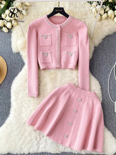 SINGREINY Japan Style Pearls Knit Suits Hidden Breasted Pockets Cardigan+Mini Pleated A Line Skirt Women Sweet Streetwear Sets