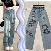 Sanrio Hello Kitty Wide Leg Pants Y2K Korean Version Streetwear Jeans Women Vintage Blue Loose Straight Trousers Cartoon Fashion