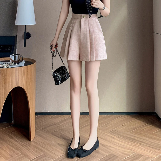 2025 New Spring Summer Women Shorts Korean Style Fashion High Waist A-line Pleated Shorts Skirts Ladies Casual Wide-leg Shorts