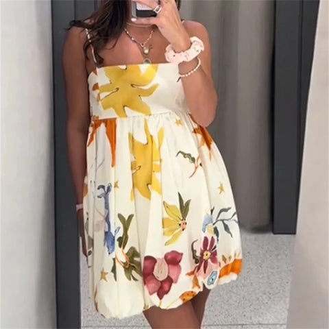 TRAF Print Slip Mini Dress Woman Ruched Sleeveless Short Dresses For Women 2024 Backless Summer Sexy Dress Beach Holiday Dresses