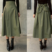 Skirts Womens Korean Fashion Solid Color Big Swing Ladies Skirt Long Skirt 2025 Autumn Wild High Waist Bow Slim Skirts