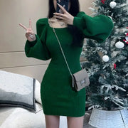 Elegant Solid Knit Mini Dress Women Square Collar Long Lantern Sleeve Dresses