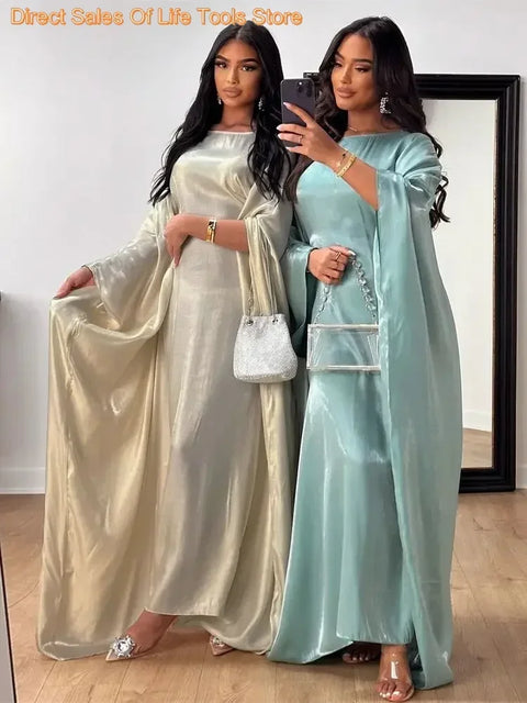 Ramadan Summer Batwing Sleeve Satin Butterfly Abaya Islam Muslim Maxi Dress Kebaya Women Kaftan Robe Musulmane Femme Vestidos