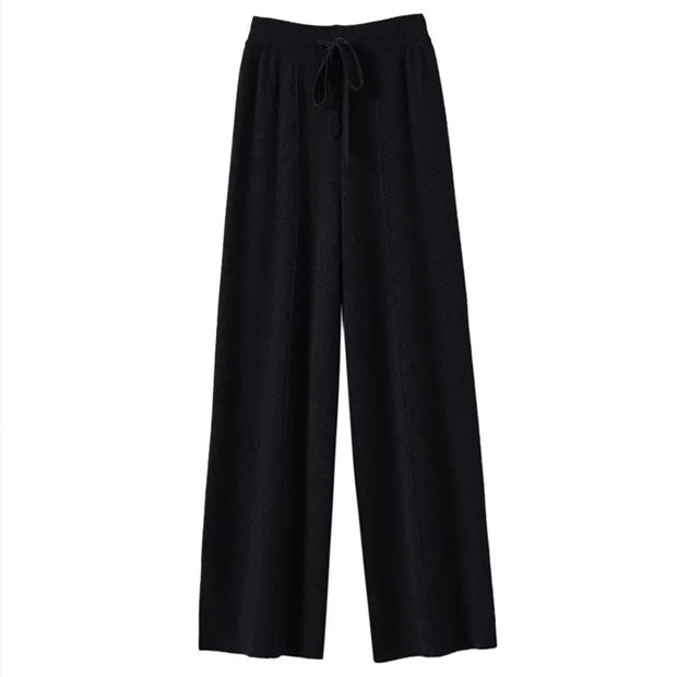 Knitted Wide-Leg Pants Women's Lengthened Mop Pants High Waist Drawstring Straight-Leg Pants Loose Slimming Casual Trousers 2024