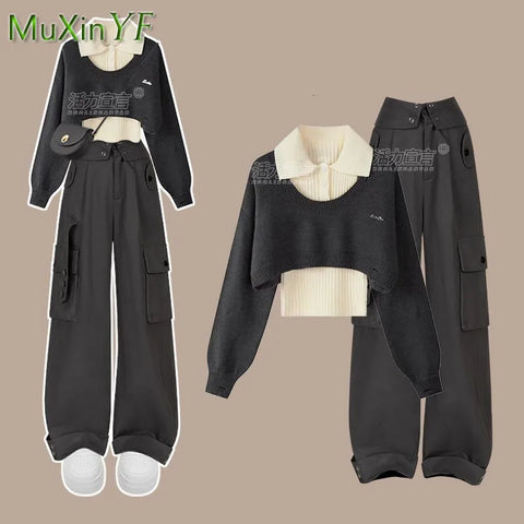 Women Spring Autumn New In Matching Set 2024 Korean Elegant Knit Sweater+Bottom Shirt+Cargo Pants 3-Piece Female Tracksuit Suit