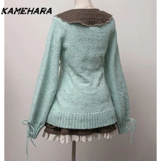 KAMEHARA French Lolita Set Cute Sweet Lapel Long Sleeved Shirt Mint Colored Sweater Short Skirt Spring Autumn 3 Piece Set Платье