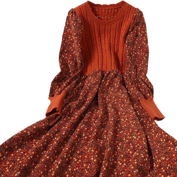 2025 Autumn Winter New Korean Patchwork Bandage Long Sleeved Knitted Dress Women's Fashion Slim Sweet Corduroy Flower Dresses