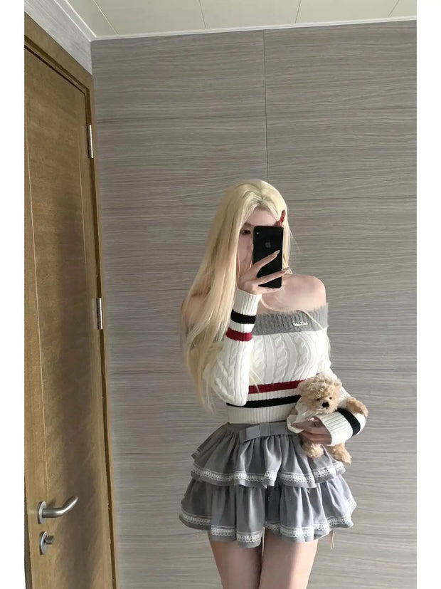 Vintage Academy Grey Splice Knitted One Shoulder Slim Spicy Girl Sweater Gray Short Skirt Spring Two Piece Set Women Outfits