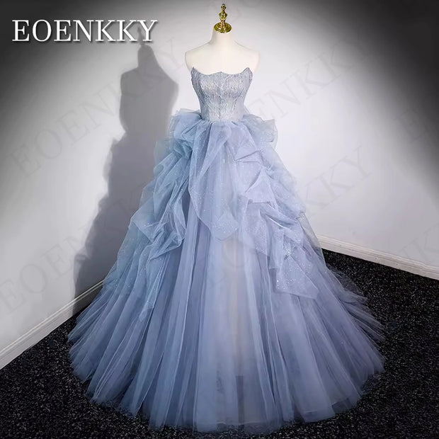 Princess Puff Sleeves Shiny Prom Dress 2024 Blue Strapless Crystal A Line Sparkly Banquet Party Dresses فساتين سهرة Tulle Women