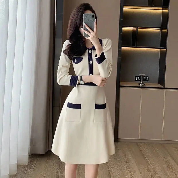 Pink Knitted Dress Women's Autumn New Round Neck High Waist Long Sleeve Slim Sweater A-line Small  Dress