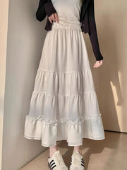 Jmprs Chic Ruffles Sweet Long Skirt Women Elegant High Waist Cake Skirts Korean Fashion Female Summer Casual White A Line Skirt