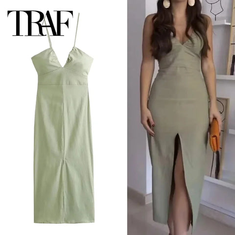 TRAF 2024 Green Slip Midi Dress Woman Sleeveless Backless Dress Women Summer Sexy Long Dresses Slit Evening Party Dresses