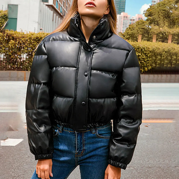 Jocoo Jolee Winter Thick Warm Cropped Puffer Jacket Women Black PU Leather Parkas Elegant Zipper Coat Cotton Padded Punk Outwear