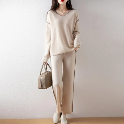 100% Pure Wool Low V-Neck Knitted Sweater Set, Women's Autumn Winter Drape Temperament Straight Leg Floor Pants Two-Piece Set