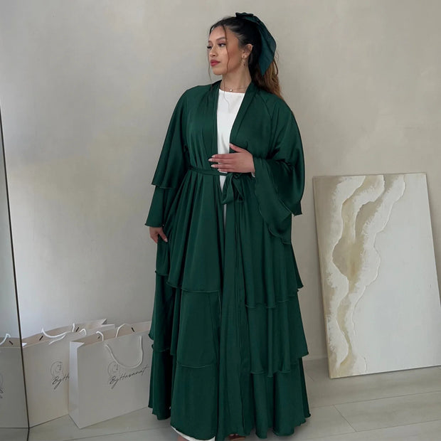 Eid Satin Abayas for Women Ruffles Cardigan Muslim Dress Dubai Turkey Kaftan Kimono Jalabiya Islam Prayer Ramadan Kebaya Robe