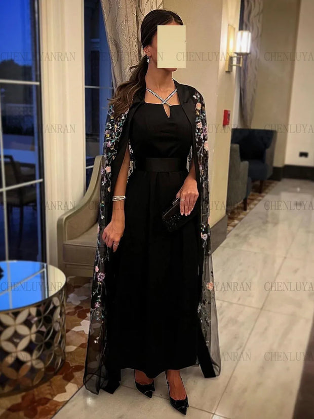 Black Luxury Formal Occasion Dresses Bead Customized Applique A-line Party Dress Cloak Crystal Elegant Evening Gown فساتين حفلات