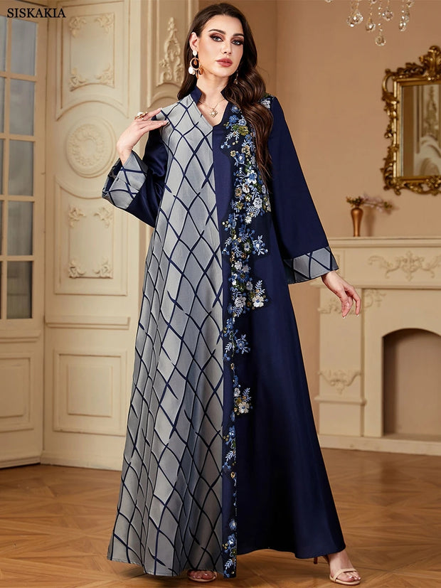 Siskakia Ramadan-Dubai Sequins Embroidery Panel Long Dresses For Muslim Women's Patchwork Sleeve Kebaya V-Neck Abayas