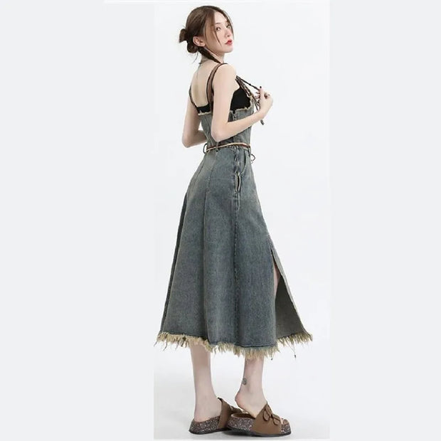 2025 Spring New Vintage Denim Skirt Matching Set Women's Elegant Loose Hollow Knitted Shirt+Sexy Split Dress Two Piece Suit