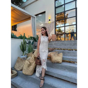 Bonny trendy crochet knitted asymmetrical women dress set chic O-neck sleepveless top short lining skirt suit ladies fashion out