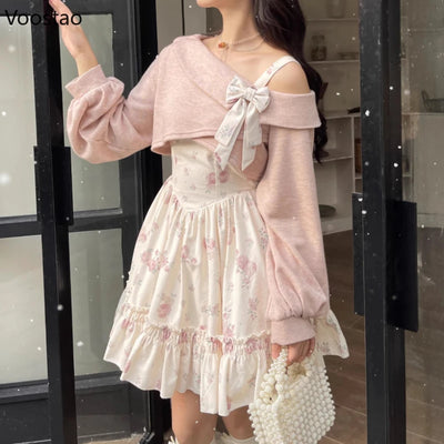 Sweet Lolita Style 2 Piece Dress Set Women Pink Bow Knitted Coat Kawaii Floral Mini Dress Female Korean Fashion Beach Party Suit