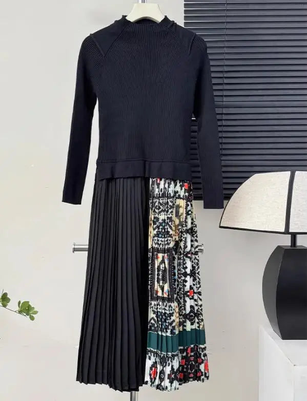 Banulin 2024 Autumn Winter Fashion Runway Vintage Elastic Knitted Dress Women Long Sleeve Patchwork Pleated Belted Midi Dress