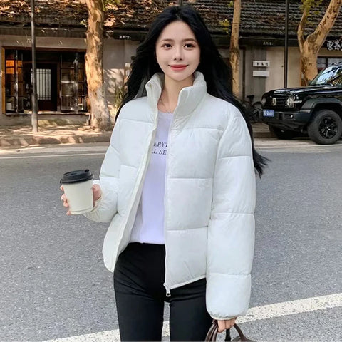 Black Fluffy Crop Parkas Coats Women Korean Streetwear Winter Thick Warm Simple Short Coats Fashion All Match Down Jacket New