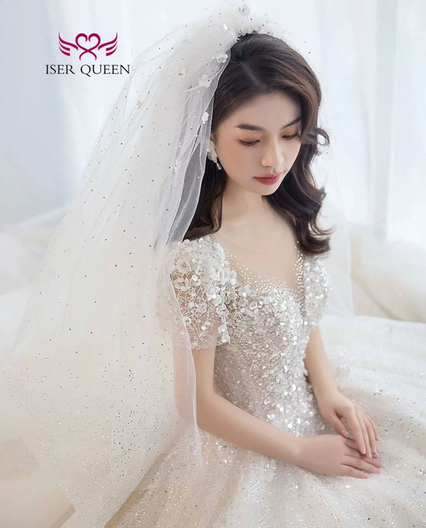 Customized 3D Floral Appliques Sweet Princess Bridal Dress 2024 For Woman Short Sleeves Sequin Tulle Wedding Dresses WX0361