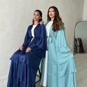 Eid Satin Abayas for Women Ruffles Cardigan Muslim Dress Dubai Turkey Kaftan Kimono Jalabiya Islam Prayer Ramadan Kebaya Robe