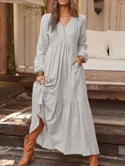 Dresses For Women Long Dress 2023 New Loose Fashion V-Neck Casual Solid Long Sleeve A-Line Sexy Dresses Elegant Ruffles Vestido