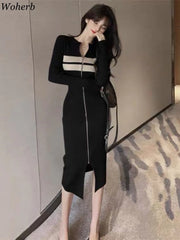 Woherb Sexy Long Sleeve Knitted Dress Women Slim Temperament Elegant Elastic Y2k Bodycon Vestido Midi  Zipper Dresses Korean