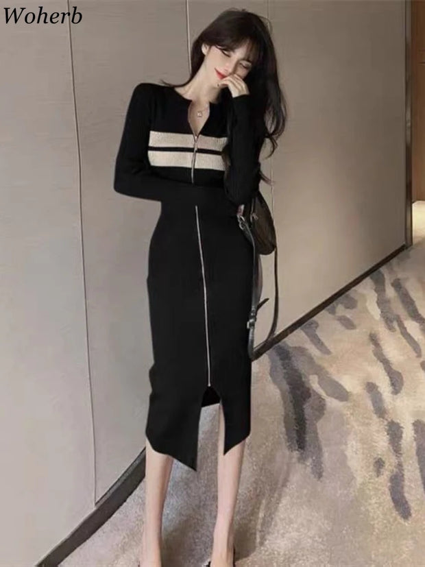 Woherb Sexy Long Sleeve Knitted Dress Women Slim Temperament Elegant Elastic Y2k Bodycon Vestido Midi  Zipper Dresses Korean