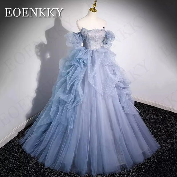 Princess Puff Sleeves Shiny Prom Dress 2024 Blue Strapless Crystal A Line Sparkly Banquet Party Dresses فساتين سهرة Tulle Women