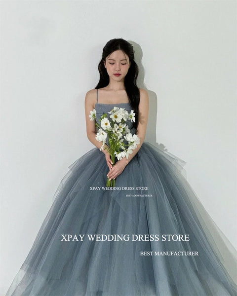 XPAY Dusty Blue Korea A Line Evening Dresses Photo Shoot Ruffles Tiered Fairy Tulle Evening Gown Customised Corset Prom Dress