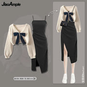 Women's Spring Autumn New Knitted Sweaters Two Piece 2025 Korean Elegant Bow Cardigan Strap Skirt Matching Set Female Clothing