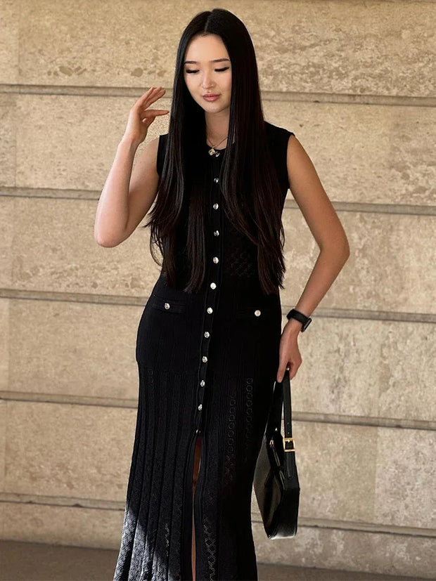 O Neck Buttons Split Women Knitted Dress Commuting Sleeveless Single Breasted Dresses 2024 New Summer Female High Street Robes