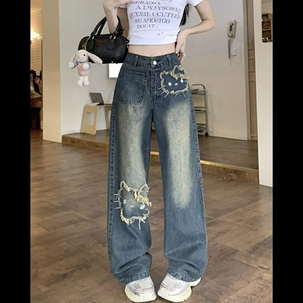 Sanrio Hello Kitty Wide Leg Pants Y2K Korean Version Streetwear Jeans Women Vintage Blue Loose Straight Trousers Cartoon Fashion