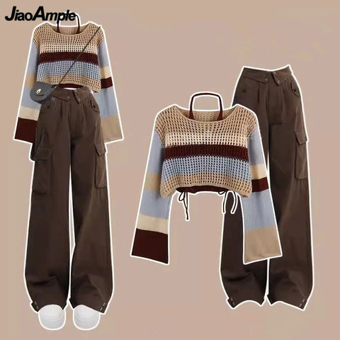 2024 Spring Autumn Sweater Halter Sling Cargo Pants 1 or 3 Piece Set Women Casaul Multi Stripe Knit Tops Vest Trousers Outfits