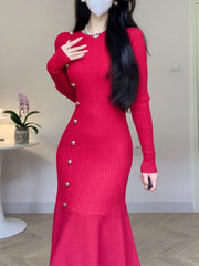 Korean Chic French Knitted Dress Women High Waist Fishtail Dresses Autumn Winter Long Sleeve Elegant Bodycon Dress Vesstidos