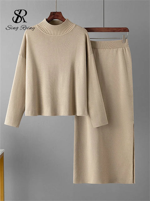 SINGREINY Fashion Autumn Sweater Two Pieces Suits Women Loose Warm Pullovers+Split Long Skirt 2024 Winter Casual Knitted Sets