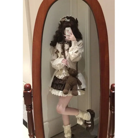 KAMEHARA French Lolita Set Cute Sweet Lapel Long Sleeved Shirt Mint Colored Sweater Short Skirt Spring Autumn 3 Piece Set Платье