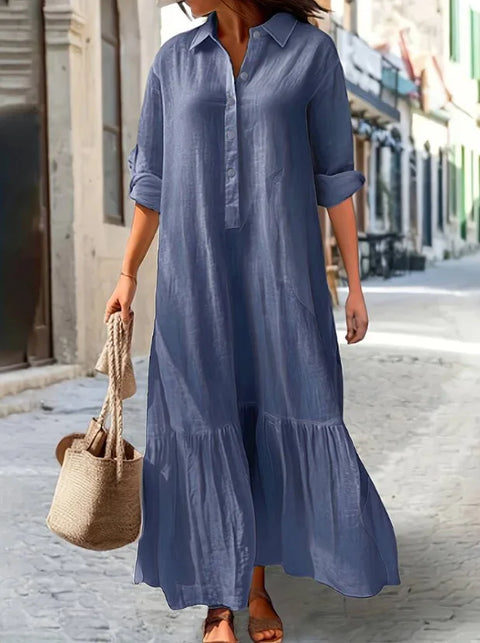 Cotton Linen Long Dress Women Long Sleeve Button Solid Color Casual Ruffles Loose Dresses Spring Autumn Comfortable Shirt Dress