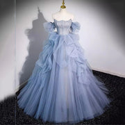 Princess Puff Sleeves Shiny Prom Dress 2024 Blue Strapless Crystal A Line Sparkly Banquet Party Dresses فساتين سهرة Tulle Women