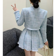 High Quality Tassel Design 2-Piece Sets Women Tweed Autumn New Solid Outfits Long Sleeve Short Jacket Coat + Pleated Skirt Suits