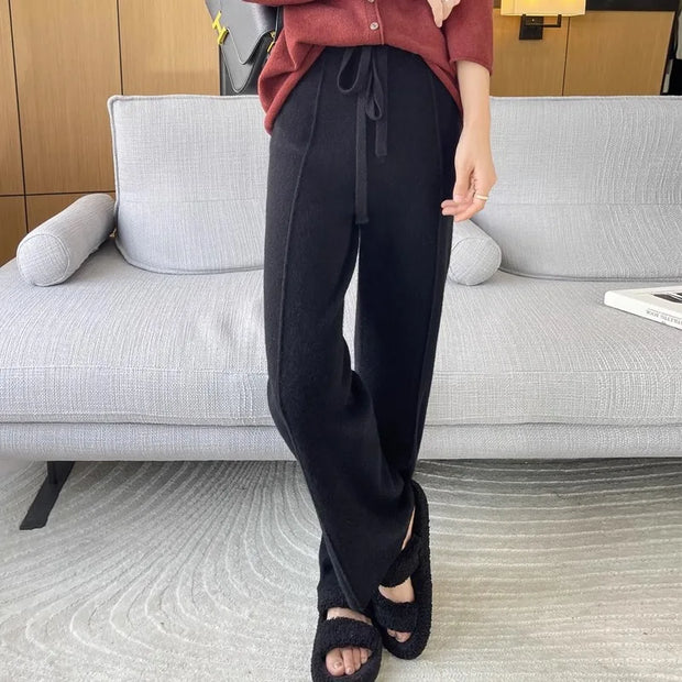 2024 High-end Cashmere Temperament Wide-leg Pants Women's High Waist 100 Pure Wool Pants Loose Casual Straight Outer Trousers