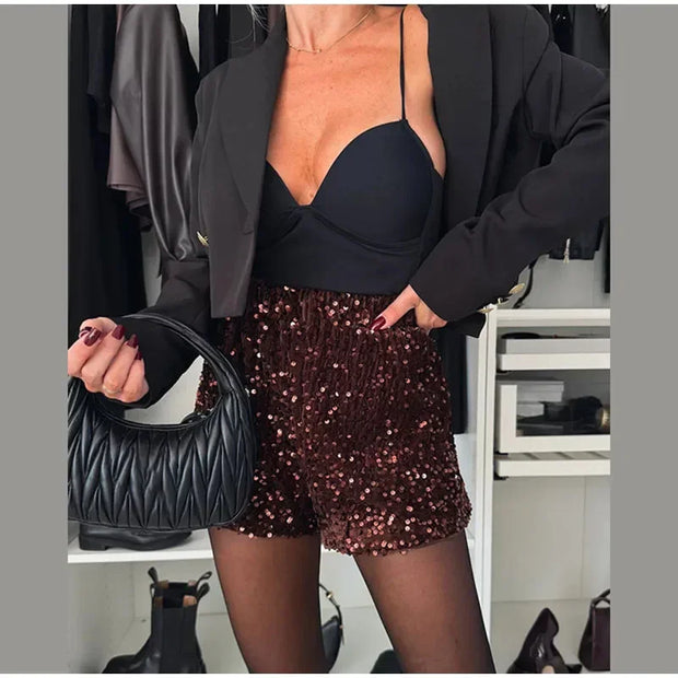 Casual High Waist Shiny Sequin Shorts Spring Summer Fashion Club Party Slim Shorts Women Elegant Solid Commuting Straight Pants