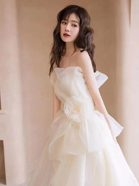 White Strapless Light Wedding Dresses Korean Simple Organza Ball Gown Bride's Wedding Dress Formal Evening Dress for Women boda