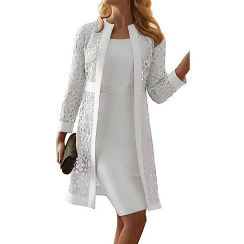 New Fashion Two Piece Set Solid Lace Cardigan Temperament Party Dress Set for Women