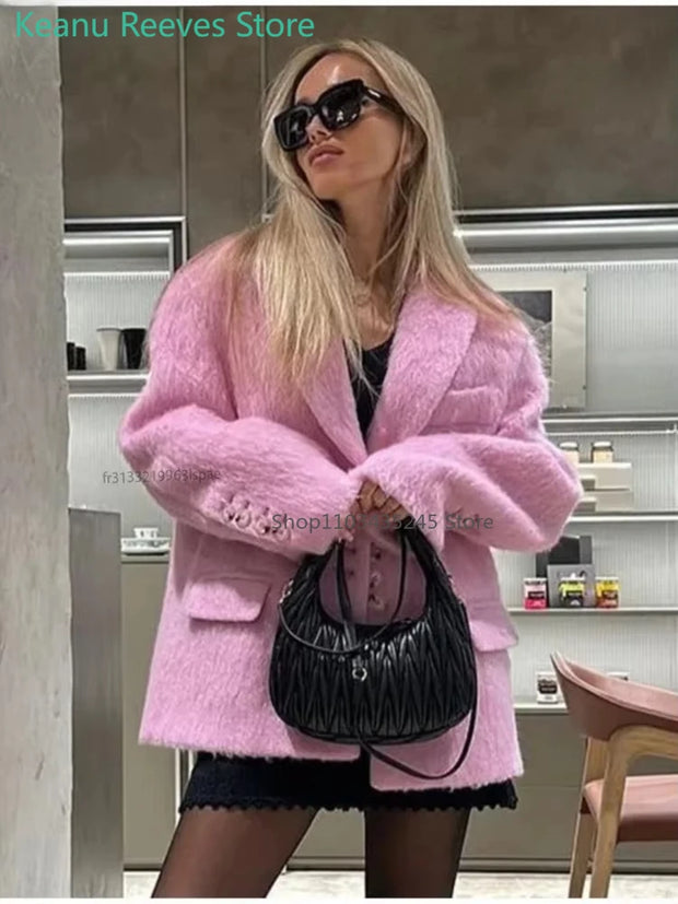 Fashion Lapel Woolen Plush Pink Coats Women Long Sleeves Single Breasted Loose Jackets Autumn Office Lady Pockest Overcoat