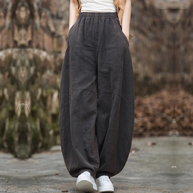 Elegant Women's Cotton Linen Baggy Cargo Pants Vintage Elastic Waist Yoga Trousers Loose Casual Long Wide Leg Oversize Clothes