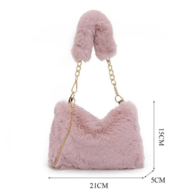 Fashion Women Fluffy Shoulder Bags Female Winter Chain Underarm Bag Solid Color Handbag Soft Plush Handle Bag